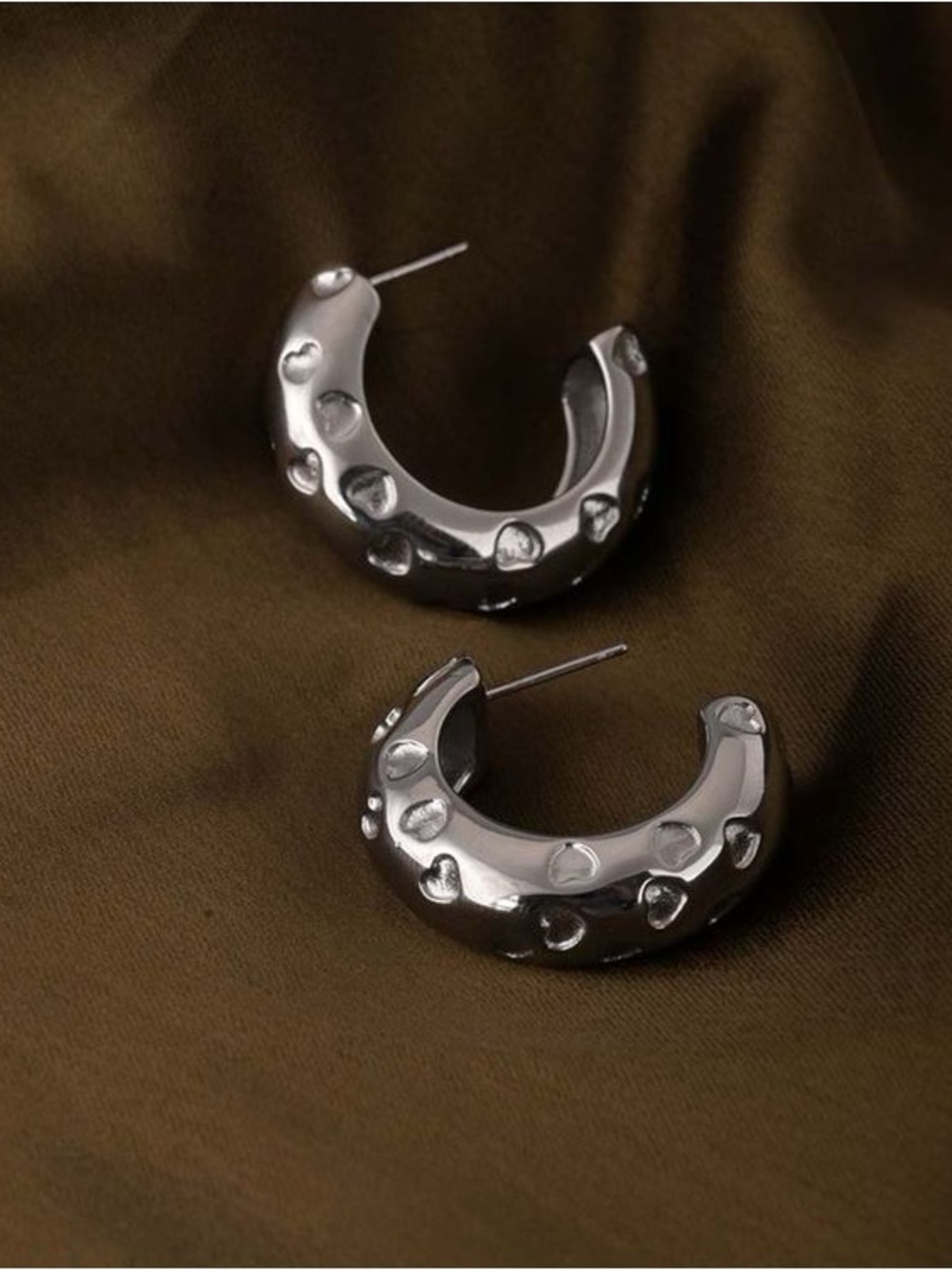 Chunky Silver Heart-Embossed Hoop Earrings